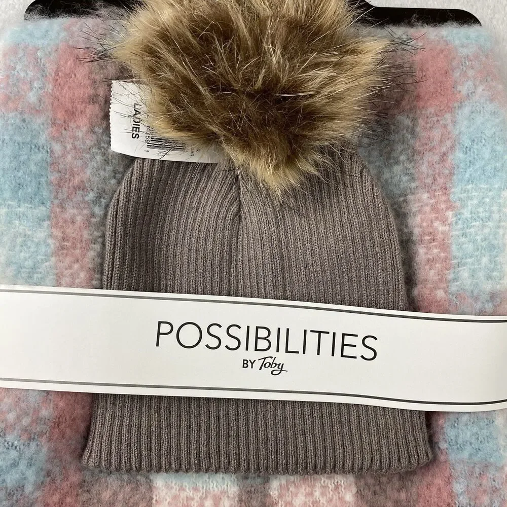 Possibilities by Toby Plaid Scarf Hat Set Faux Fur Pom Pastel Winter Soft Cozy